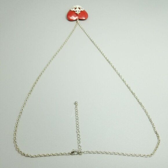 Vintage Red Heart with Rhinestone Crown Pendant and Long Chain Adjustable Length - Picture 5 of 10